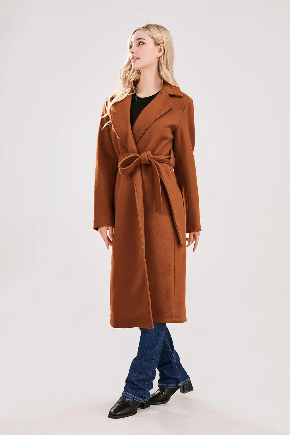 utcoco Womens Long Wool Pea Coats Notched Collar Open Front Woolen Blend Trench Coat with Belt