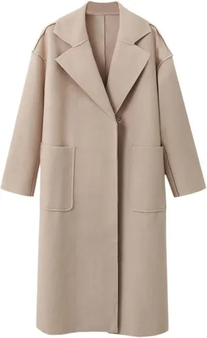 utcoco Womens Mid-Long Wool Coat Button Notched Collar Woolen Blend Trench Coat Winter Outwear