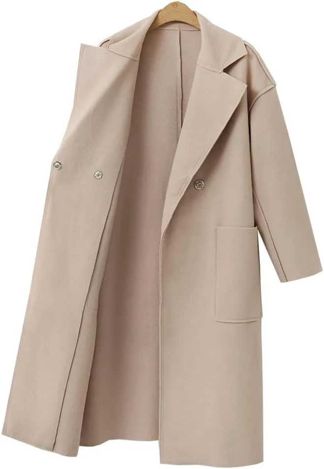 utcoco Womens Mid-Long Wool Coat Button Notched Collar Woolen Blend Trench Coat Winter Outwear