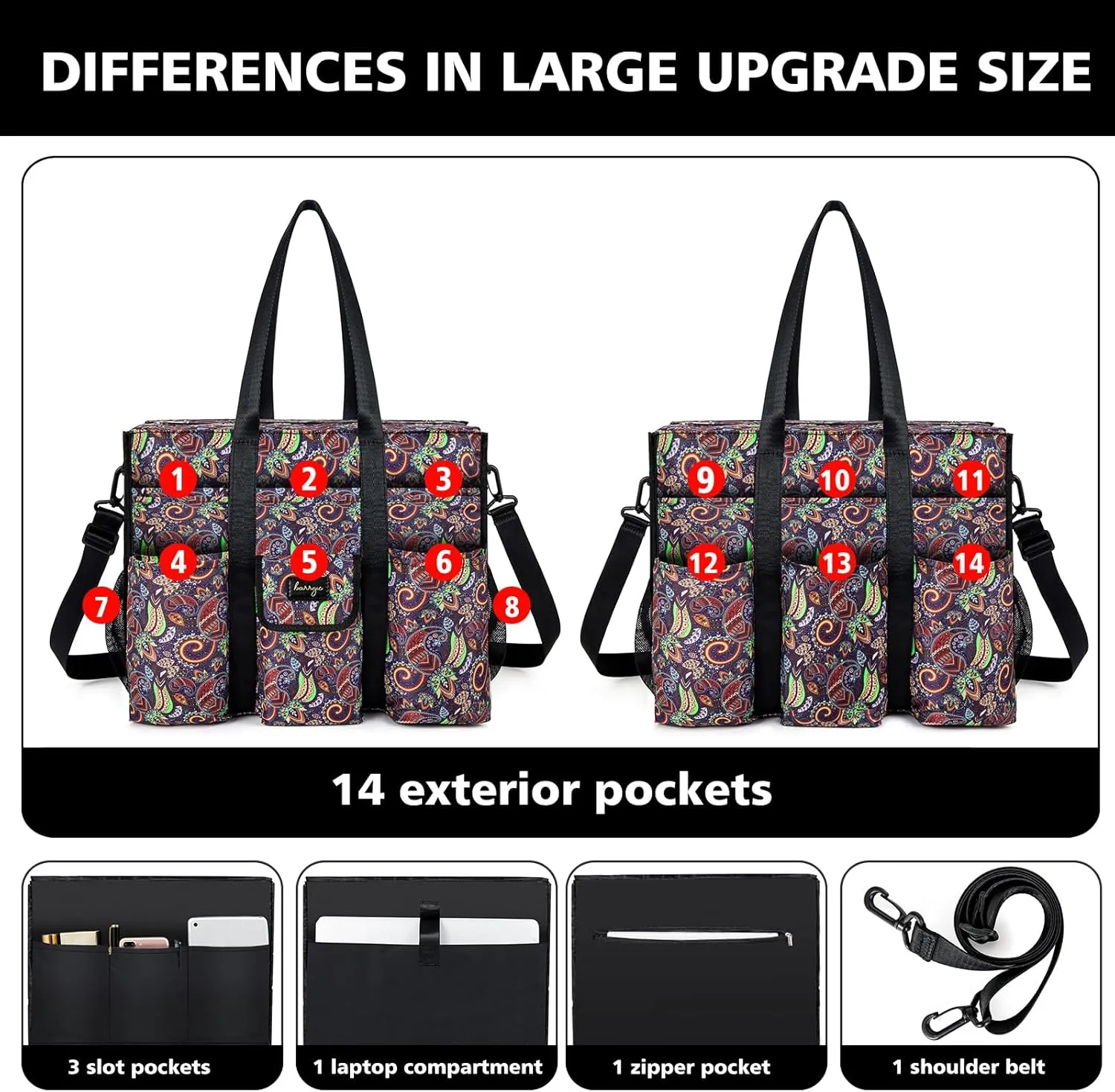 Utility Tote - Water Resistant with 19 Exterior/Interior Pockets - Large Women/Teacher/Work Bag