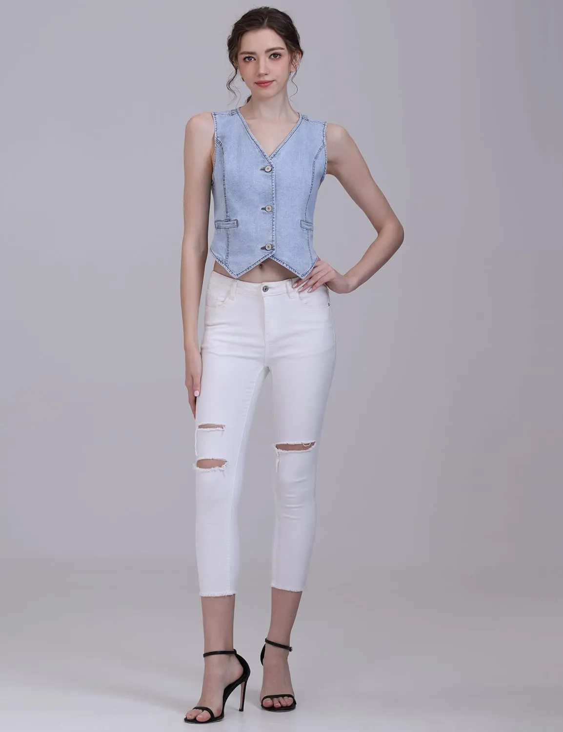 V VOCNI Womens Denim Vest Sleeveless Jean Vest Top Cropped Denim Tops Fashion Western Vest