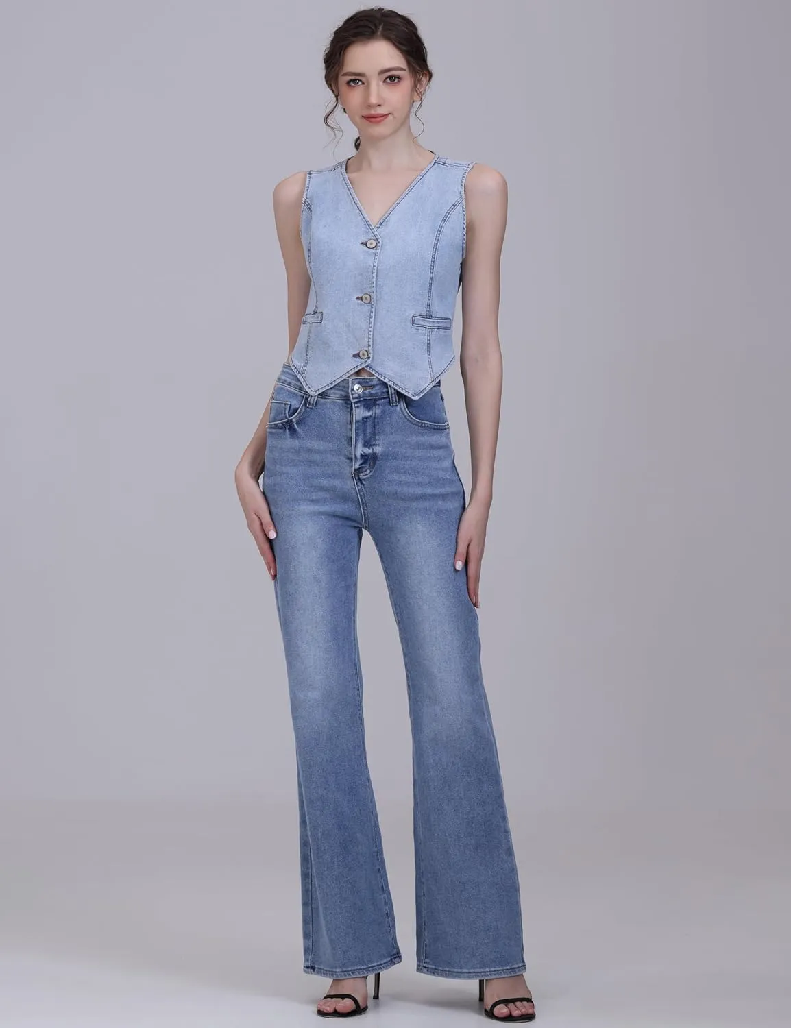 V VOCNI Womens Denim Vest Sleeveless Jean Vest Top Cropped Denim Tops Fashion Western Vest
