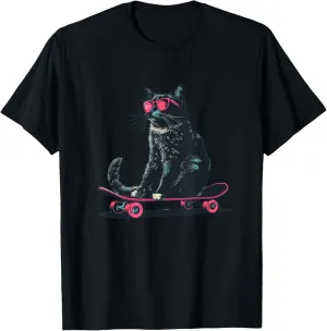 Vibrant Sunglasses Cat with Skateboard for a Joyful Graphic T-Shirt