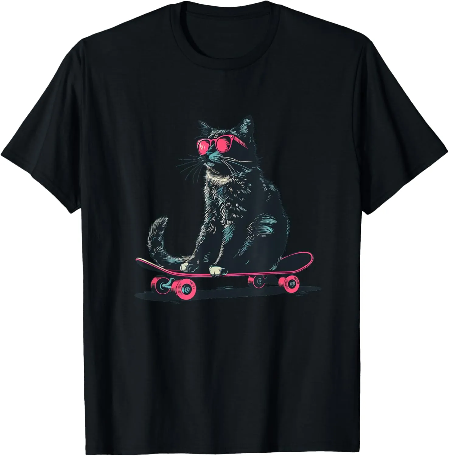 Vibrant Sunglasses Cat with Skateboard for a Joyful Graphic T-Shirt