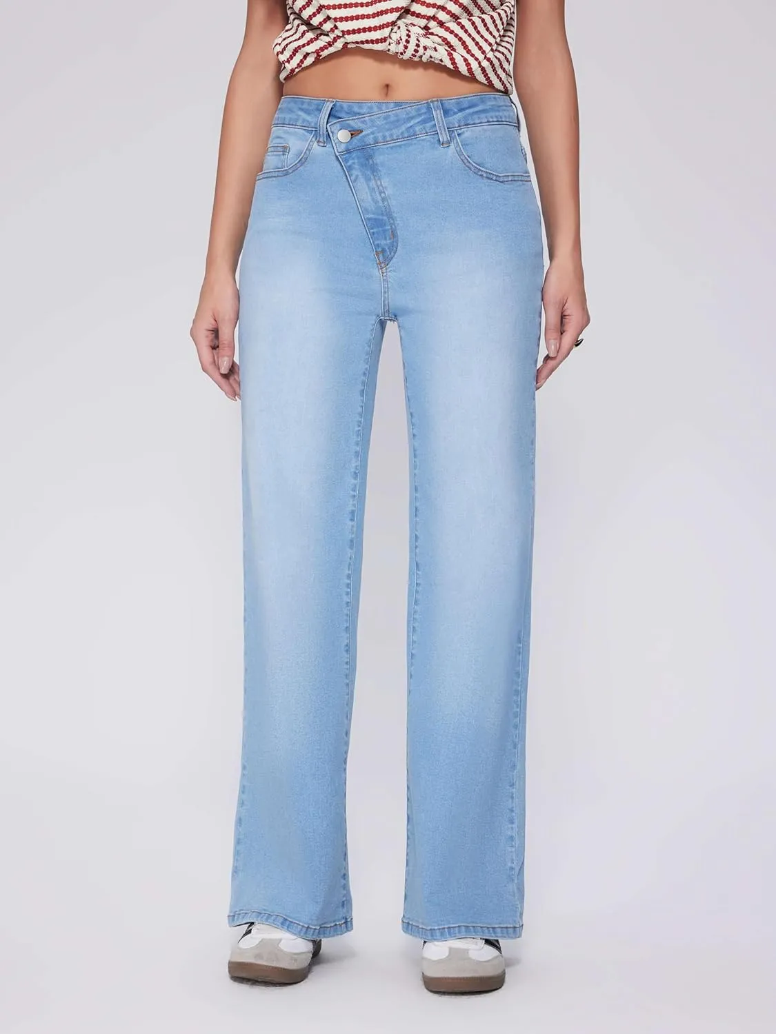 Vinova Womens Straight Leg Jeans Stretchy Cross Fly High Waisted Wide Leg Baggy Casual Trendy Pants with Pockets