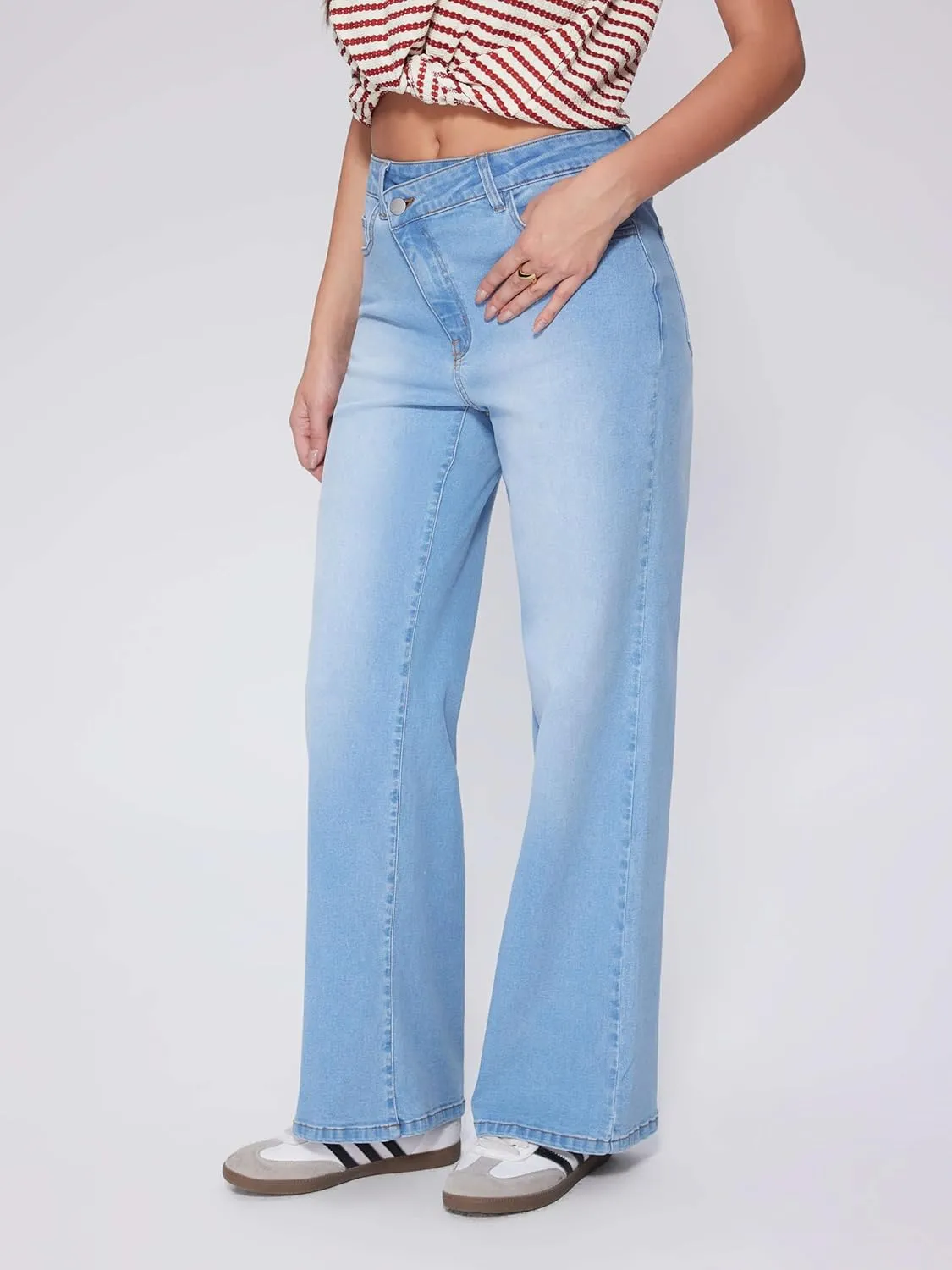 Vinova Womens Straight Leg Jeans Stretchy Cross Fly High Waisted Wide Leg Baggy Casual Trendy Pants with Pockets