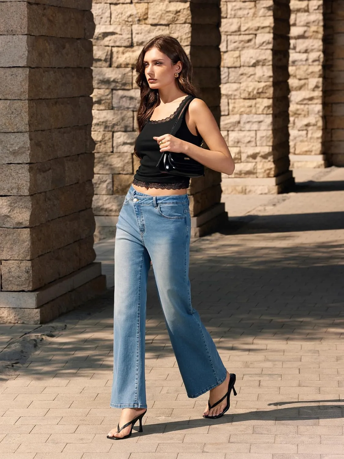 Vinova Womens Straight Leg Jeans Stretchy Cross Fly High Waisted Wide Leg Baggy Casual Trendy Pants with Pockets
