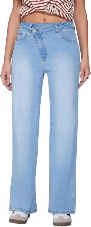Vinova Womens Straight Leg Jeans Stretchy Cross Fly High Waisted Wide Leg Baggy Casual Trendy Pants with Pockets