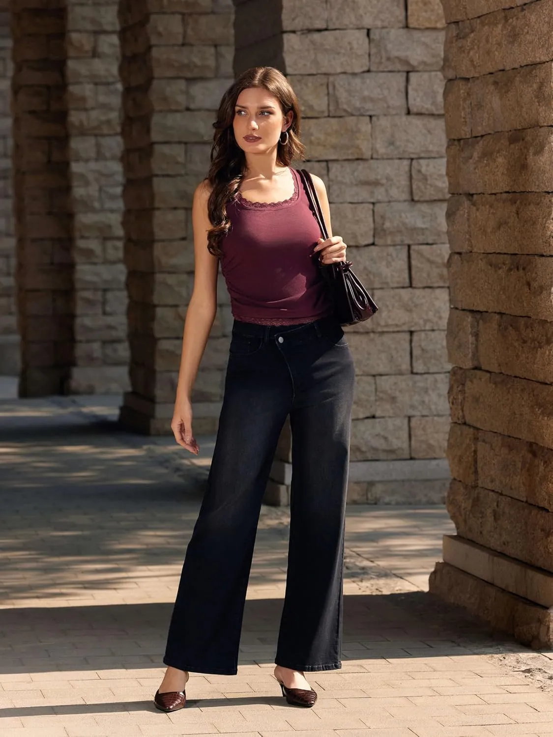 Vinova Womens Straight Leg Jeans Stretchy Cross Fly High Waisted Wide Leg Baggy Casual Trendy Pants with Pockets