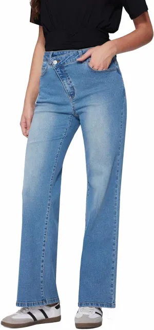 Vinova Womens Straight Leg Jeans Stretchy Cross Fly High Waisted Wide Leg Baggy Casual Trendy Pants with Pockets