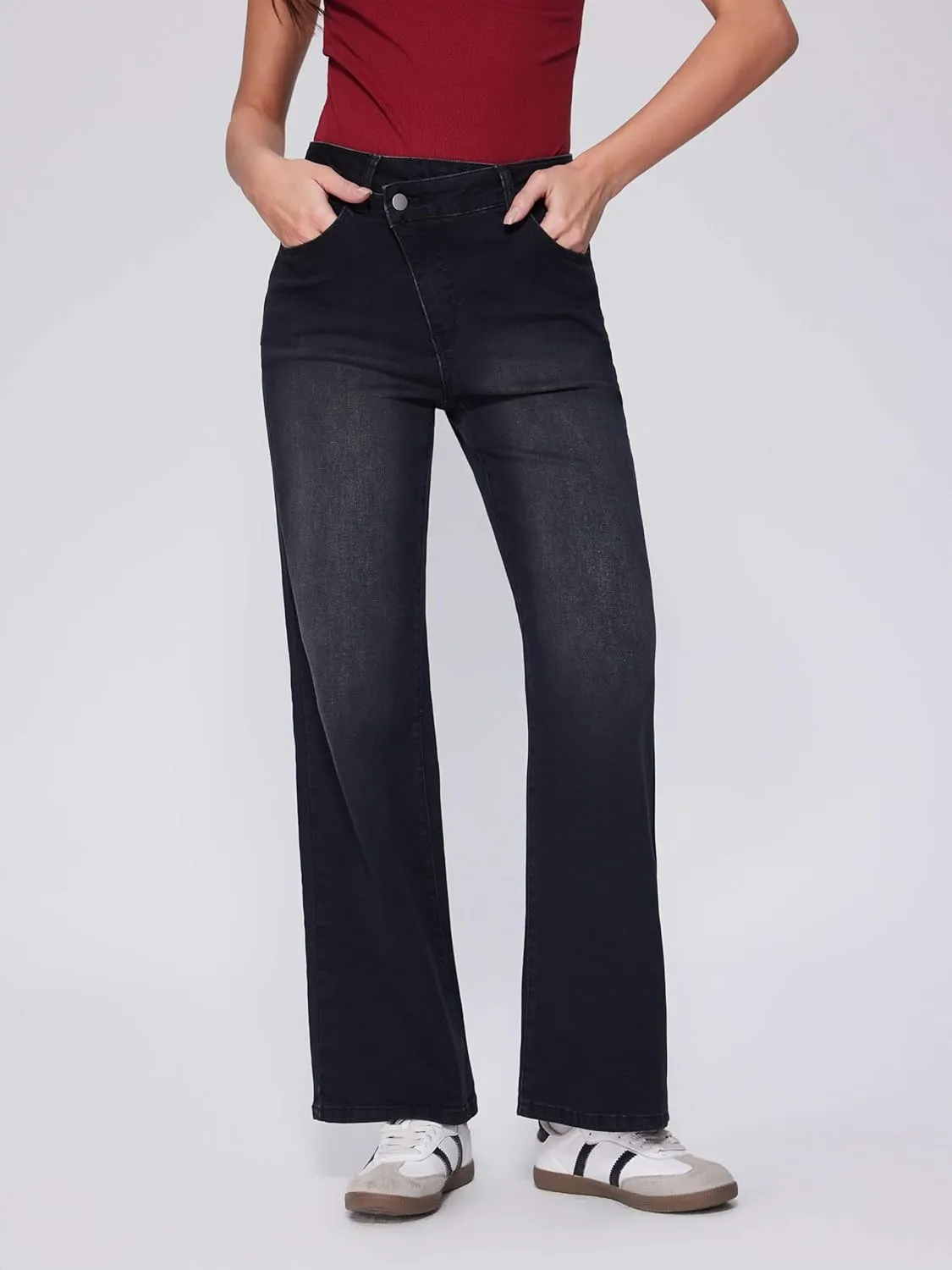 Vinova Womens Straight Leg Jeans Stretchy Cross Fly High Waisted Wide Leg Baggy Casual Trendy Pants with Pockets