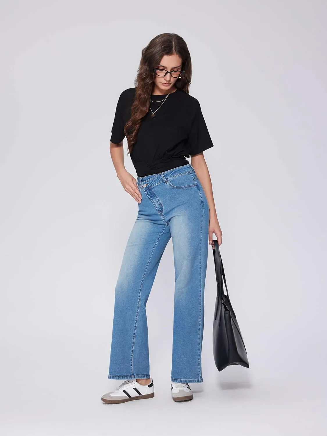 Vinova Womens Straight Leg Jeans Stretchy Cross Fly High Waisted Wide Leg Baggy Casual Trendy Pants with Pockets