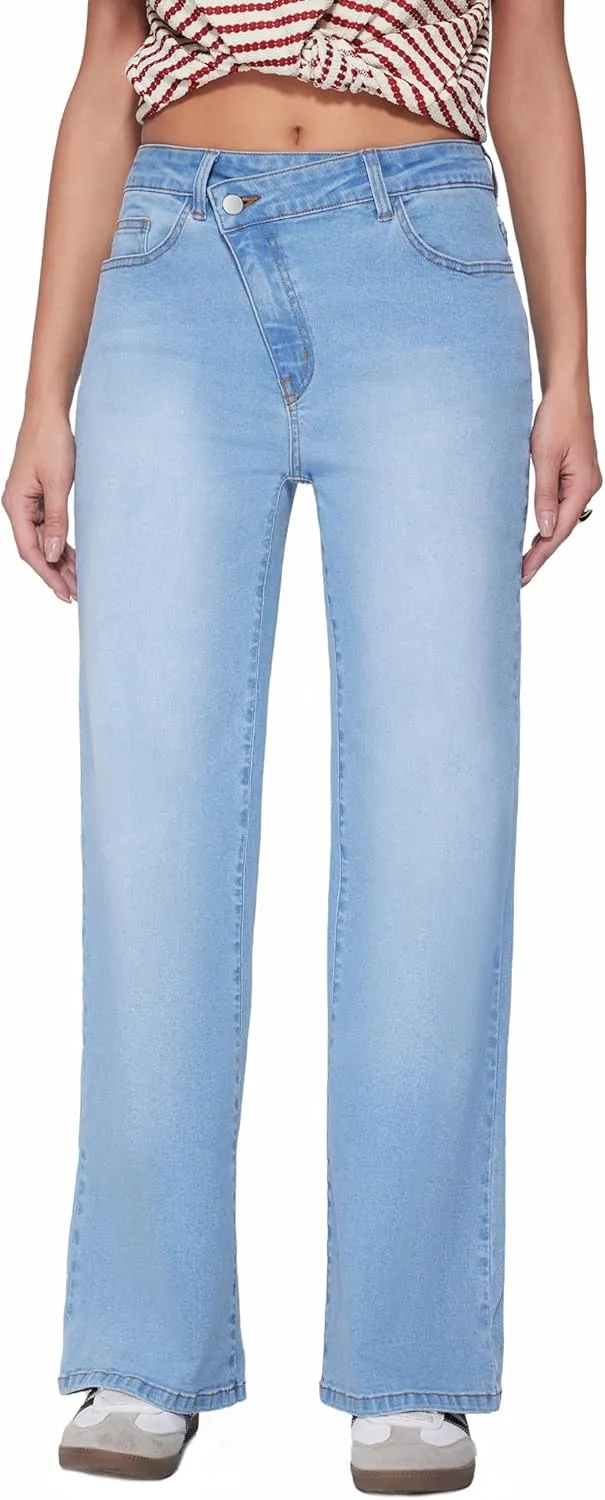 Vinova Womens Straight Leg Jeans Stretchy Cross Fly High Waisted Wide Leg Baggy Casual Trendy Pants with Pockets