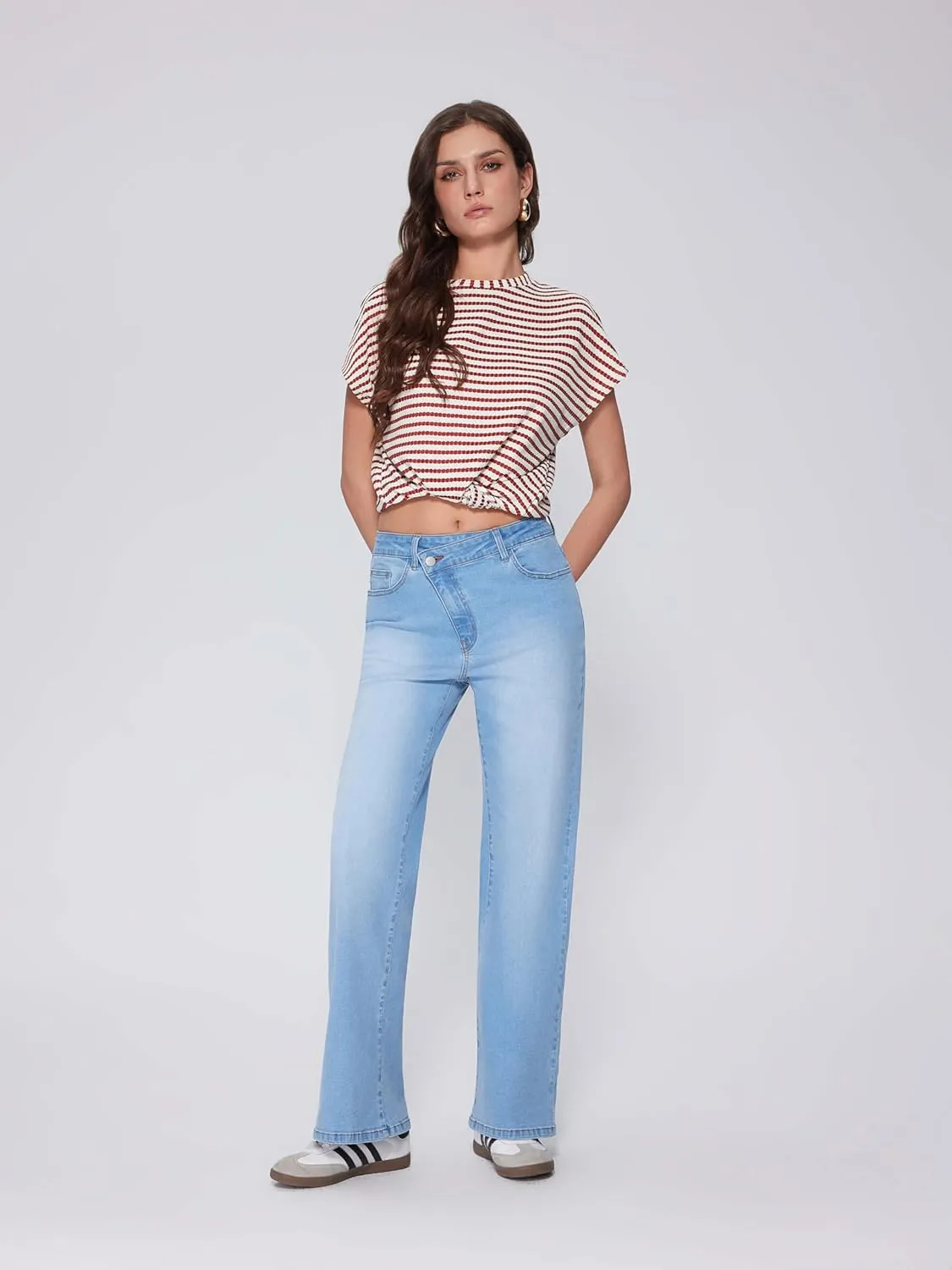 Vinova Womens Straight Leg Jeans Stretchy Cross Fly High Waisted Wide Leg Baggy Casual Trendy Pants with Pockets