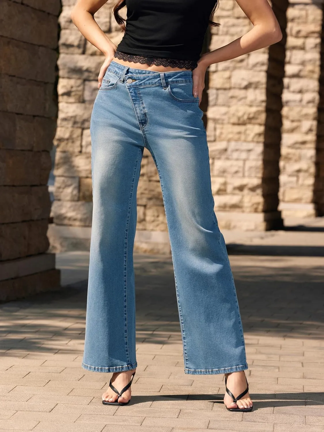 Vinova Womens Straight Leg Jeans Stretchy Cross Fly High Waisted Wide Leg Baggy Casual Trendy Pants with Pockets