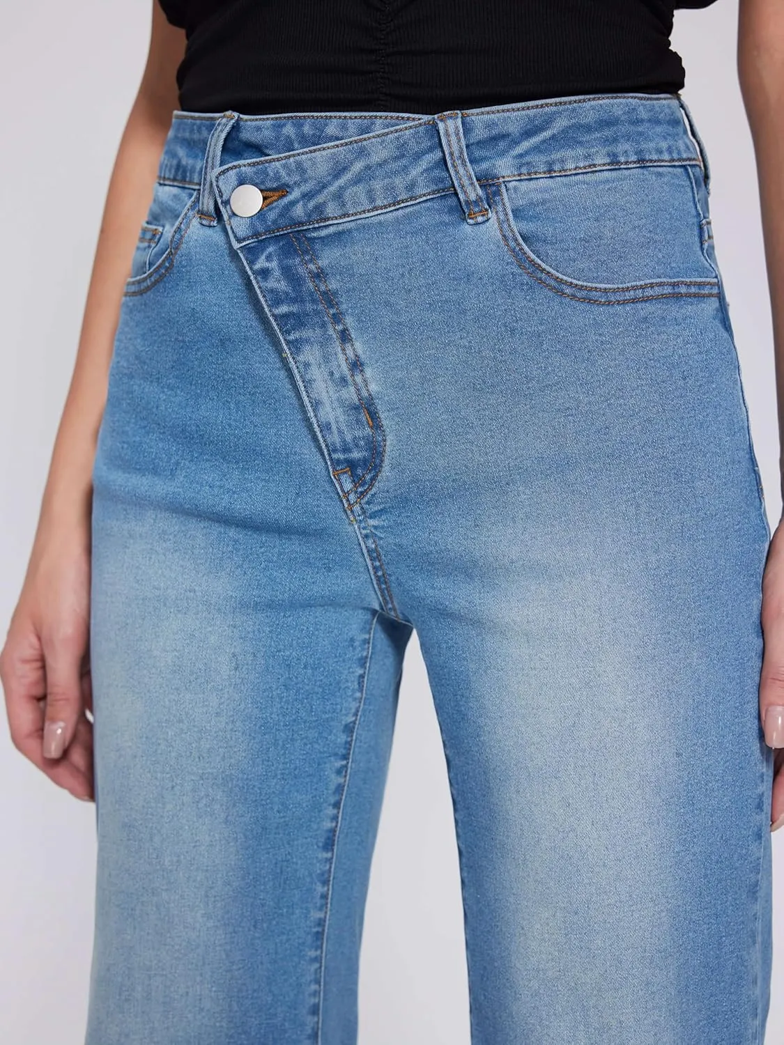 Vinova Womens Straight Leg Jeans Stretchy Cross Fly High Waisted Wide Leg Baggy Casual Trendy Pants with Pockets