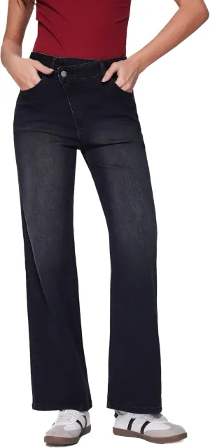 Vinova Womens Straight Leg Jeans Stretchy Cross Fly High Waisted Wide Leg Baggy Casual Trendy Pants with Pockets