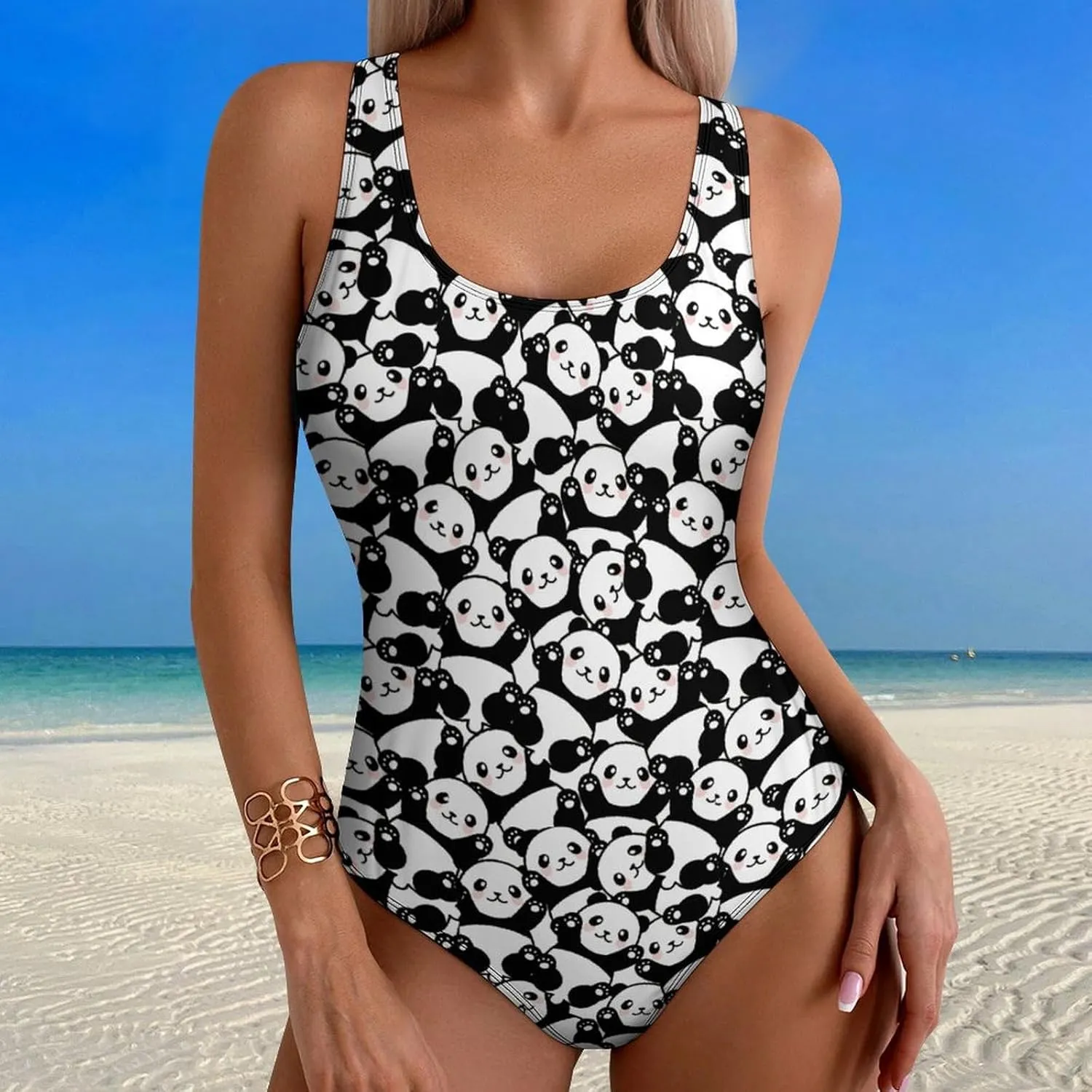 Vintage Grey Tropical Leaves Swim Suits for Women Tummy Control One Piece Swimsuits Racerback Swimwear with Padded