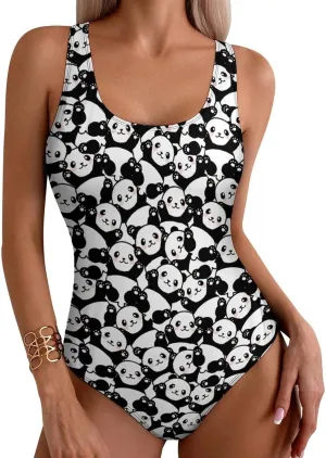 Vintage Grey Tropical Leaves Swim Suits for Women Tummy Control One Piece Swimsuits Racerback Swimwear with Padded
