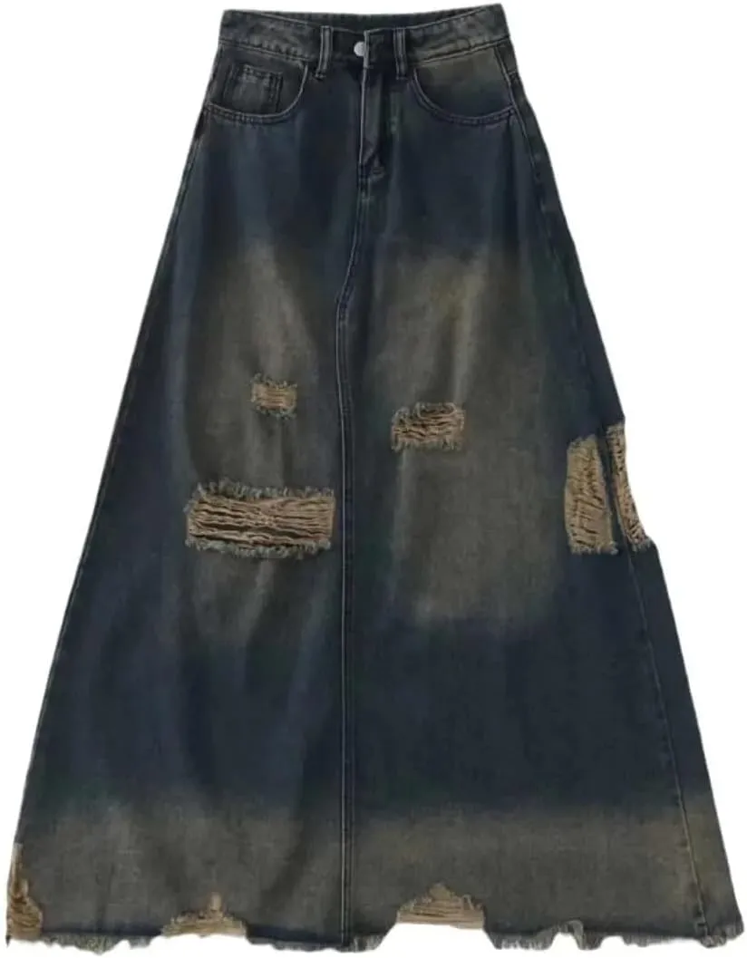 Vintage Sweet Cool Fringe Denim Skirt Women's Spring High-Waisted Slimming A- Line Long-Legged Dress
