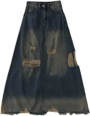 Vintage Sweet Cool Fringe Denim Skirt Women's Spring High-Waisted Slimming A- Line Long-Legged Dress