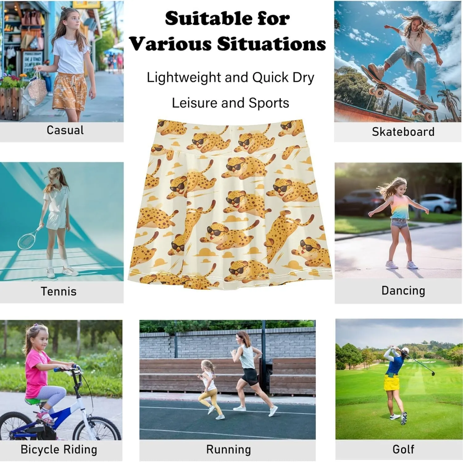 visesunny Girls Flowy Pleated Skirt Fat Cheetah Sunglasses Tennis Golf Fashion Short Skorts for Casual Dance Outfit