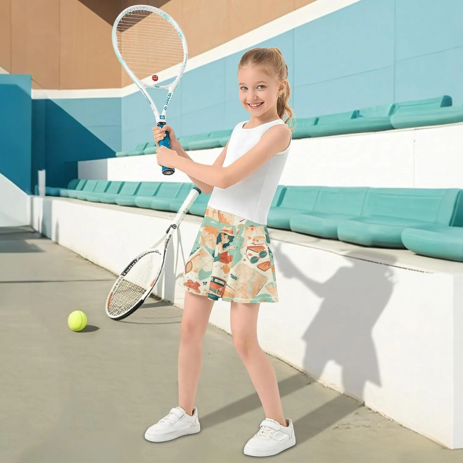 visesunny Girls Flowy Pleated Skirt Patchwork Road Map Sunglasses Tennis Golf Fashion Short Skorts for Casual Dance Outfit