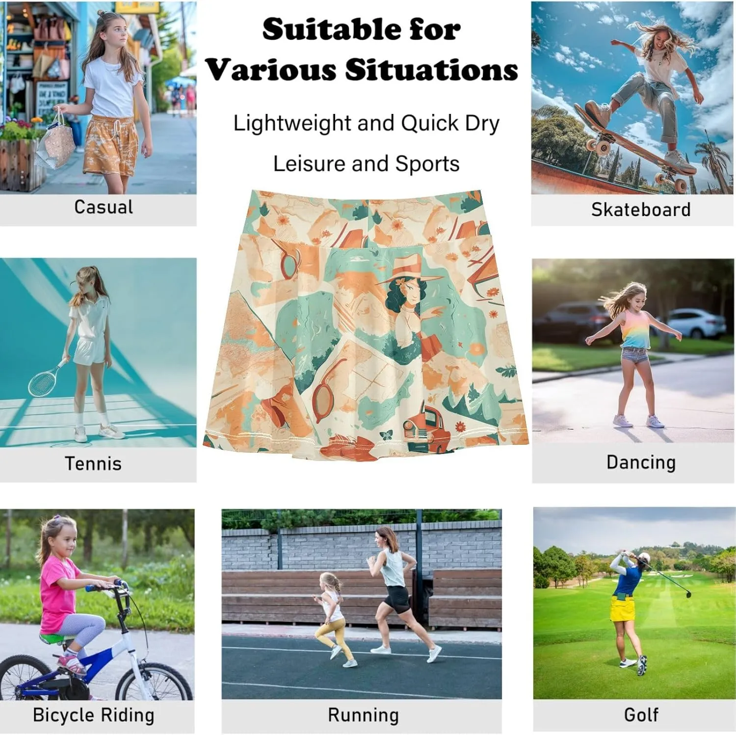visesunny Girls Flowy Pleated Skirt Patchwork Road Map Sunglasses Tennis Golf Fashion Short Skorts for Casual Dance Outfit