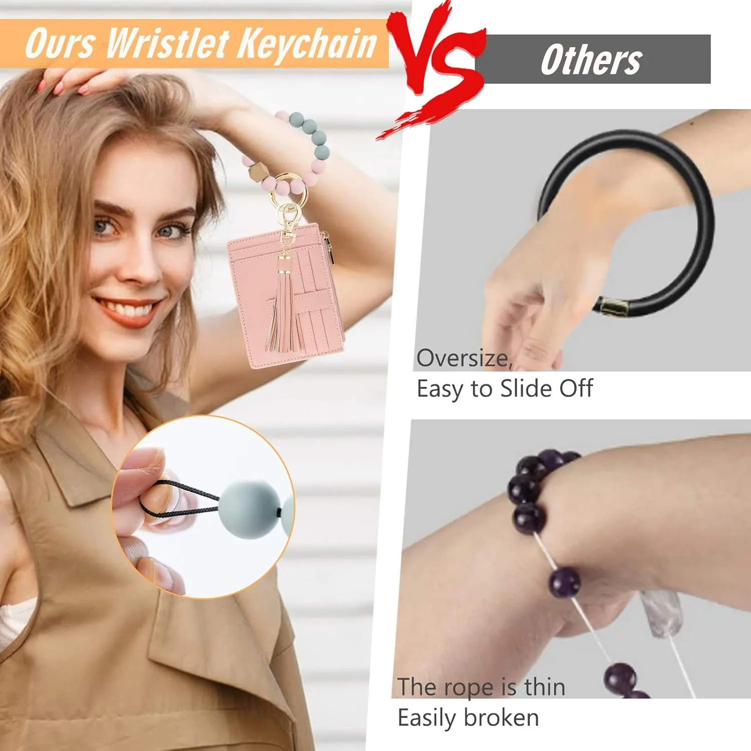 Wallet Keychain Wristlet for Women,Slim RFID Credit Card Holder Purse Tassel Keychain Bangle Key Ring for Men Women