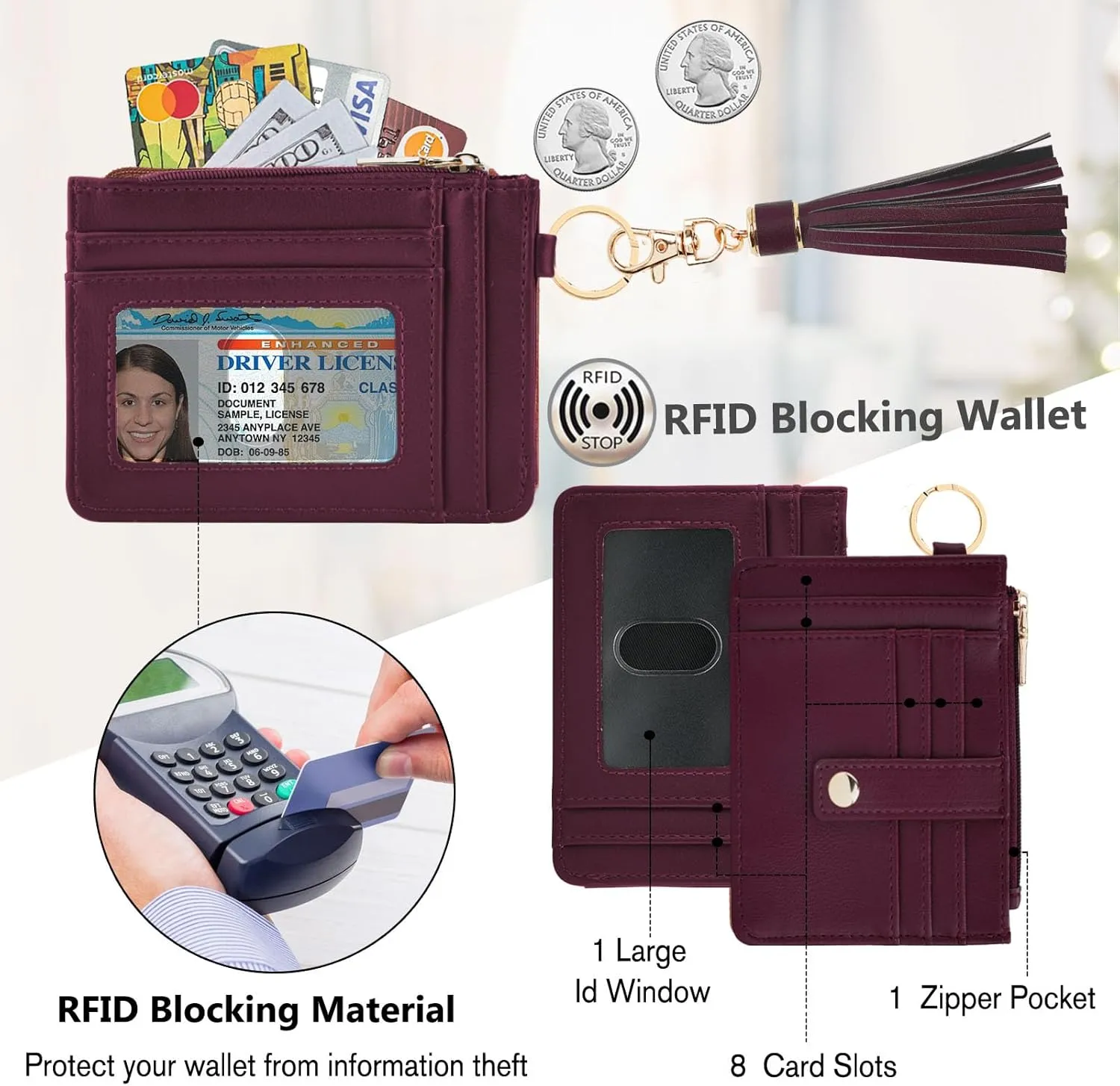 Wallet Keychain Wristlet for Women,Slim RFID Credit Card Holder Purse Tassel Keychain Bangle Key Ring for Men Women