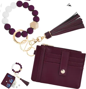 Wallet Keychain Wristlet for Women,Slim RFID Credit Card Holder Purse Tassel Keychain Bangle Key Ring for Men Women