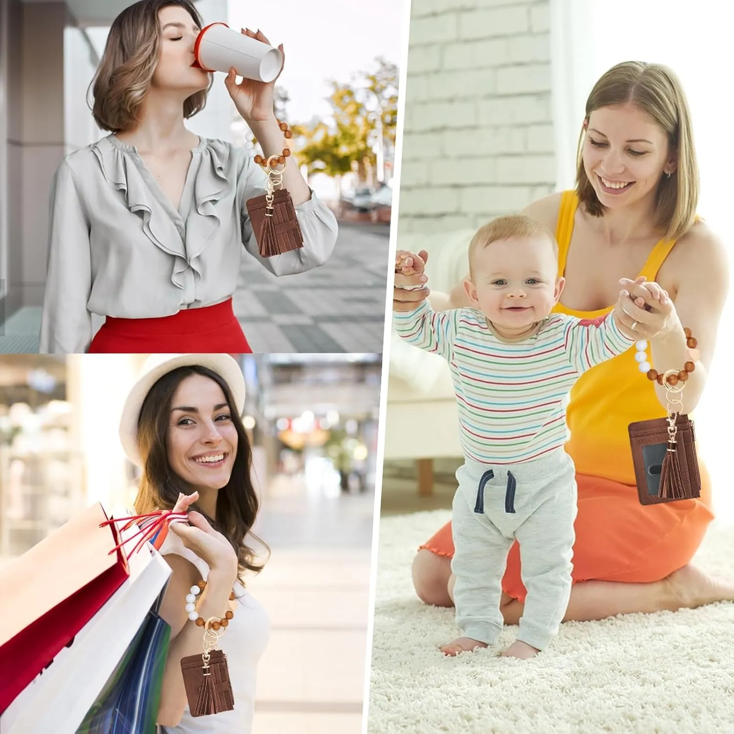 Wallet Keychain Wristlet for Women,Slim RFID Credit Card Holder Purse Tassel Keychain Bangle Key Ring for Men Women