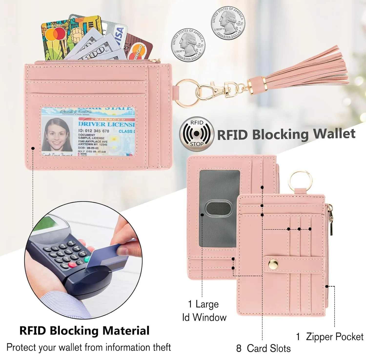 Wallet Keychain Wristlet for Women,Slim RFID Credit Card Holder Purse Tassel Keychain Bangle Key Ring for Men Women