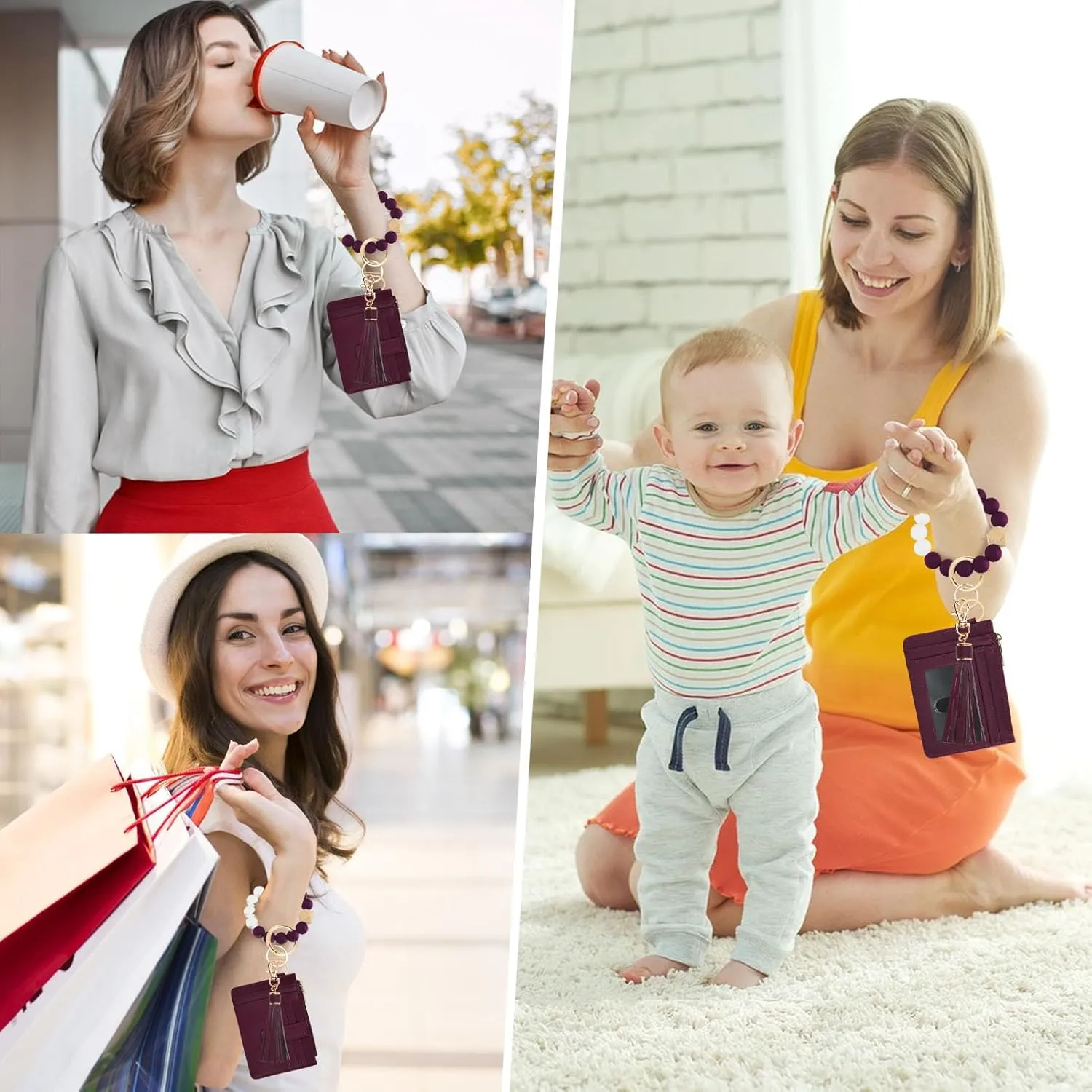 Wallet Keychain Wristlet for Women,Slim RFID Credit Card Holder Purse Tassel Keychain Bangle Key Ring for Men Women