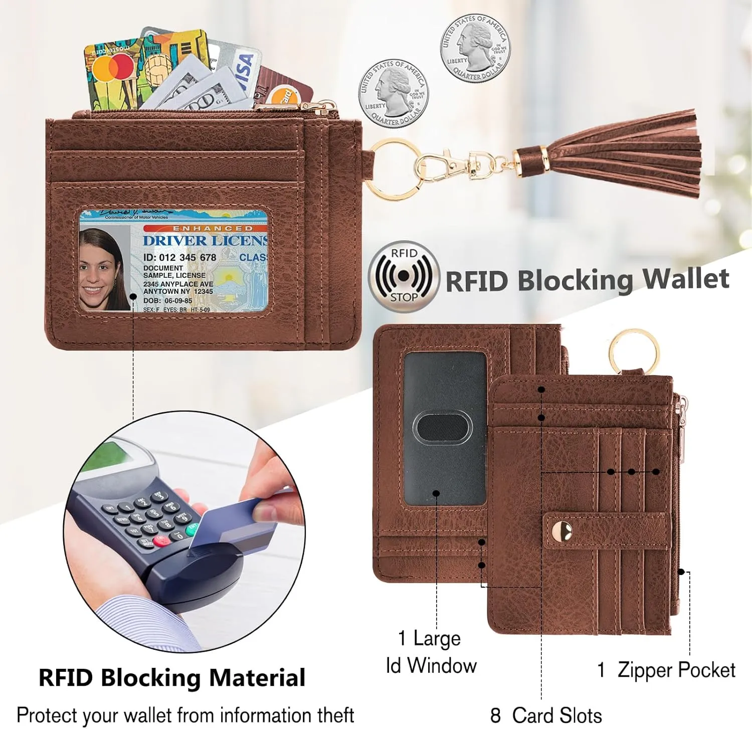Wallet Keychain Wristlet for Women,Slim RFID Credit Card Holder Purse Tassel Keychain Bangle Key Ring for Men Women