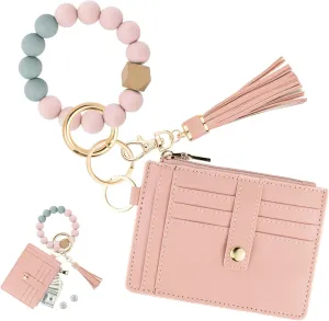 Wallet Keychain Wristlet for Women,Slim RFID Credit Card Holder Purse Tassel Keychain Bangle Key Ring for Men Women