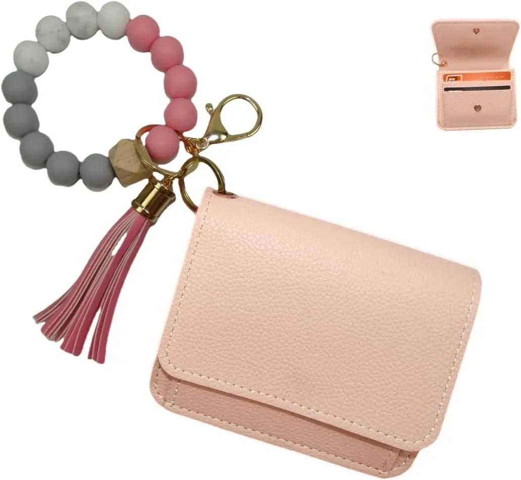 Wallet Women Keychain Bracelet Credit Idcard Coin Purse Pocket Thin Wallet,Rfid Wristlet Zip Card Cases & Money Organizers(Pink)