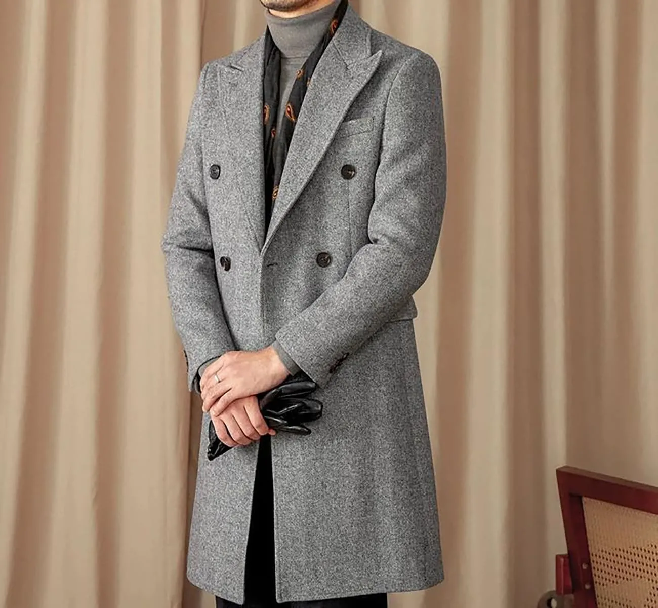 Wangyue Double Breasted Trench Coat Men Winter Tweed Herringbone Overcoat Men Long Coat Jacket Casual Coats for Men