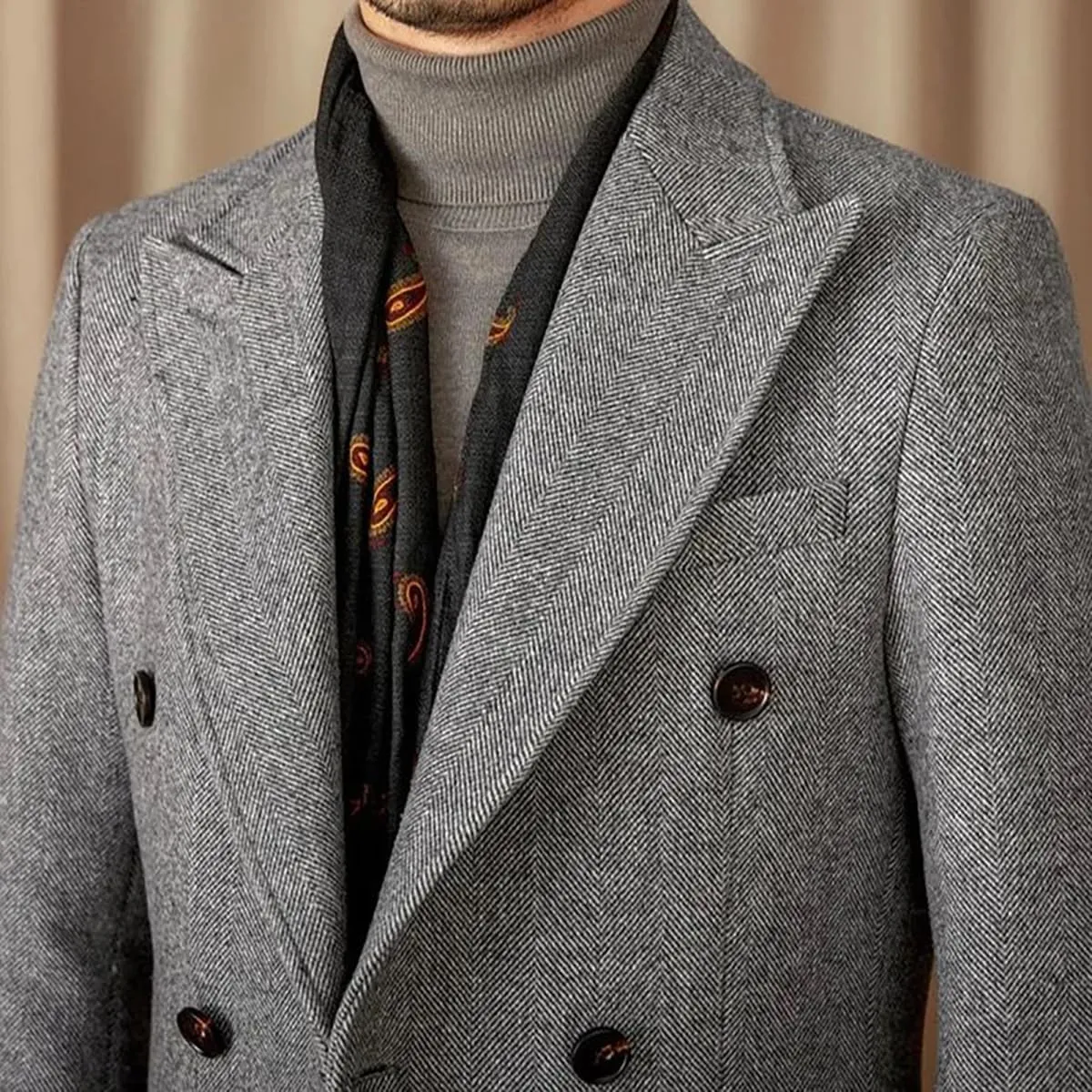 Wangyue Double Breasted Trench Coat Men Winter Tweed Herringbone Overcoat Men Long Coat Jacket Casual Coats for Men