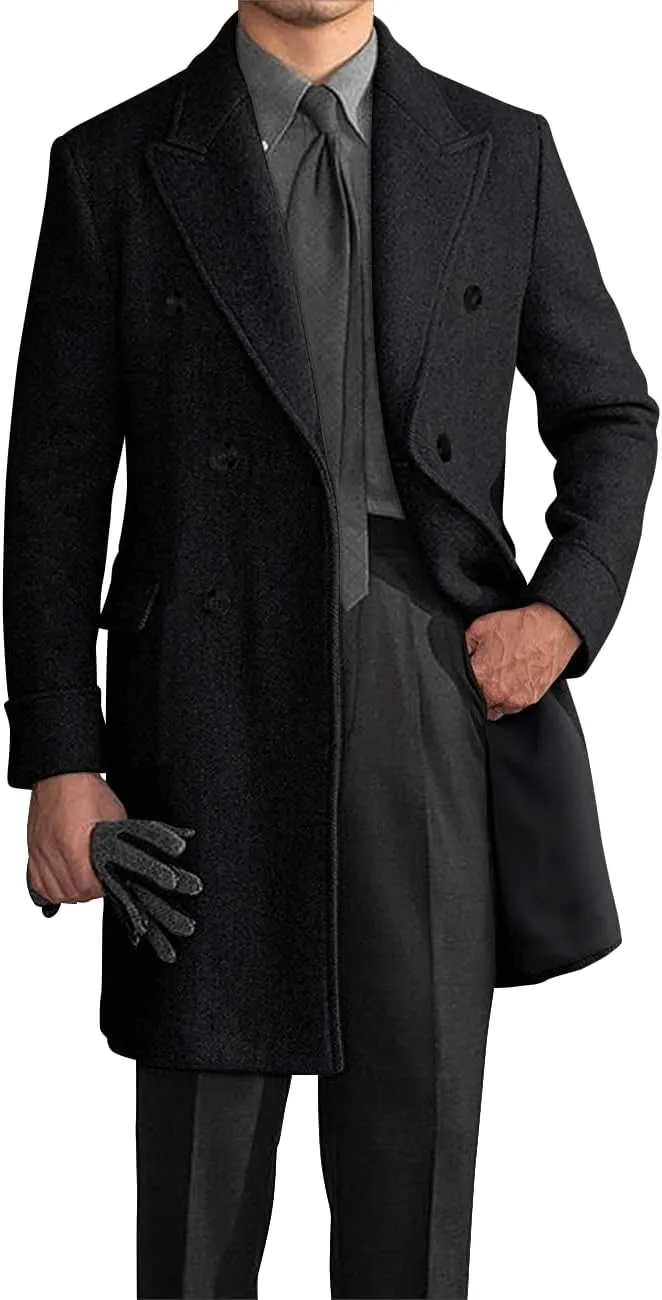 Wangyue Double Breasted Trench Coat Men Winter Tweed Herringbone Overcoat Men Long Coat Jacket Casual Coats for Men