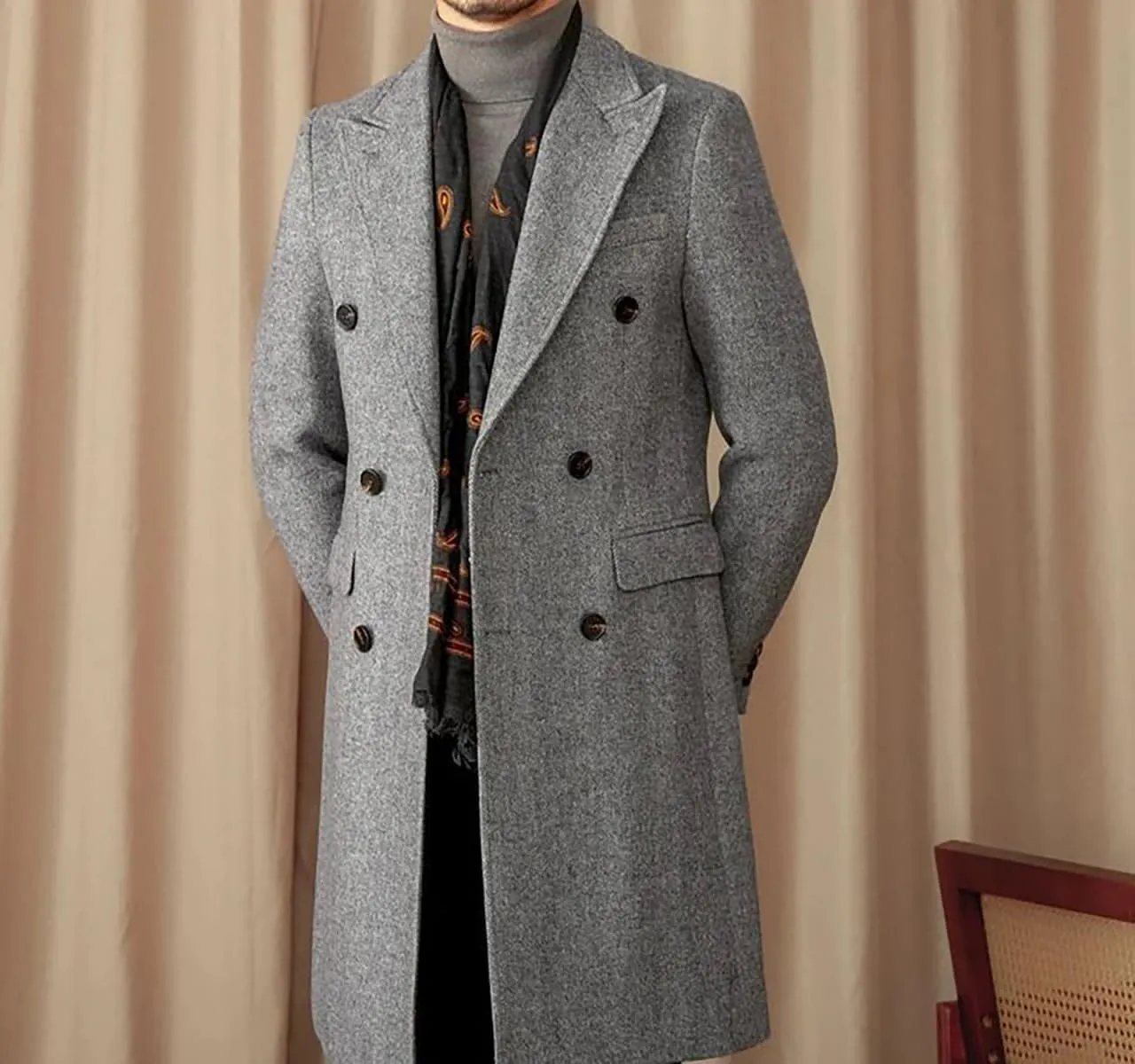 Wangyue Double Breasted Trench Coat Men Winter Tweed Herringbone Overcoat Men Long Coat Jacket Casual Coats for Men