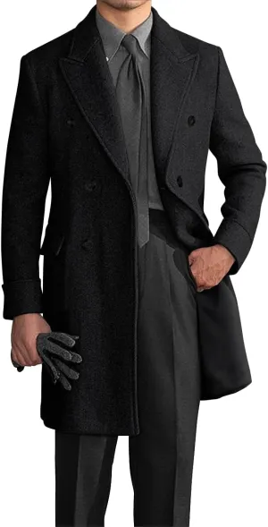 Wangyue Double Breasted Trench Coat Men Winter Tweed Herringbone Overcoat Men Long Coat Jacket Casual Coats for Men