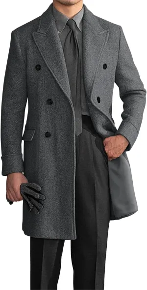 Wangyue Double Breasted Trench Coat Men Winter Tweed Herringbone Overcoat Men Long Coat Jacket Casual Coats for Men