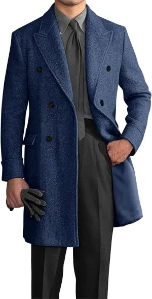 Wangyue Double Breasted Trench Coat Men Winter Tweed Herringbone Overcoat Men Long Coat Jacket Casual Coats for Men