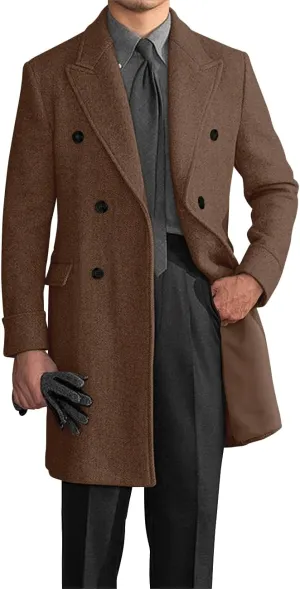 Wangyue Double Breasted Trench Coat Men Winter Tweed Herringbone Overcoat Men Long Coat Jacket Casual Coats for Men