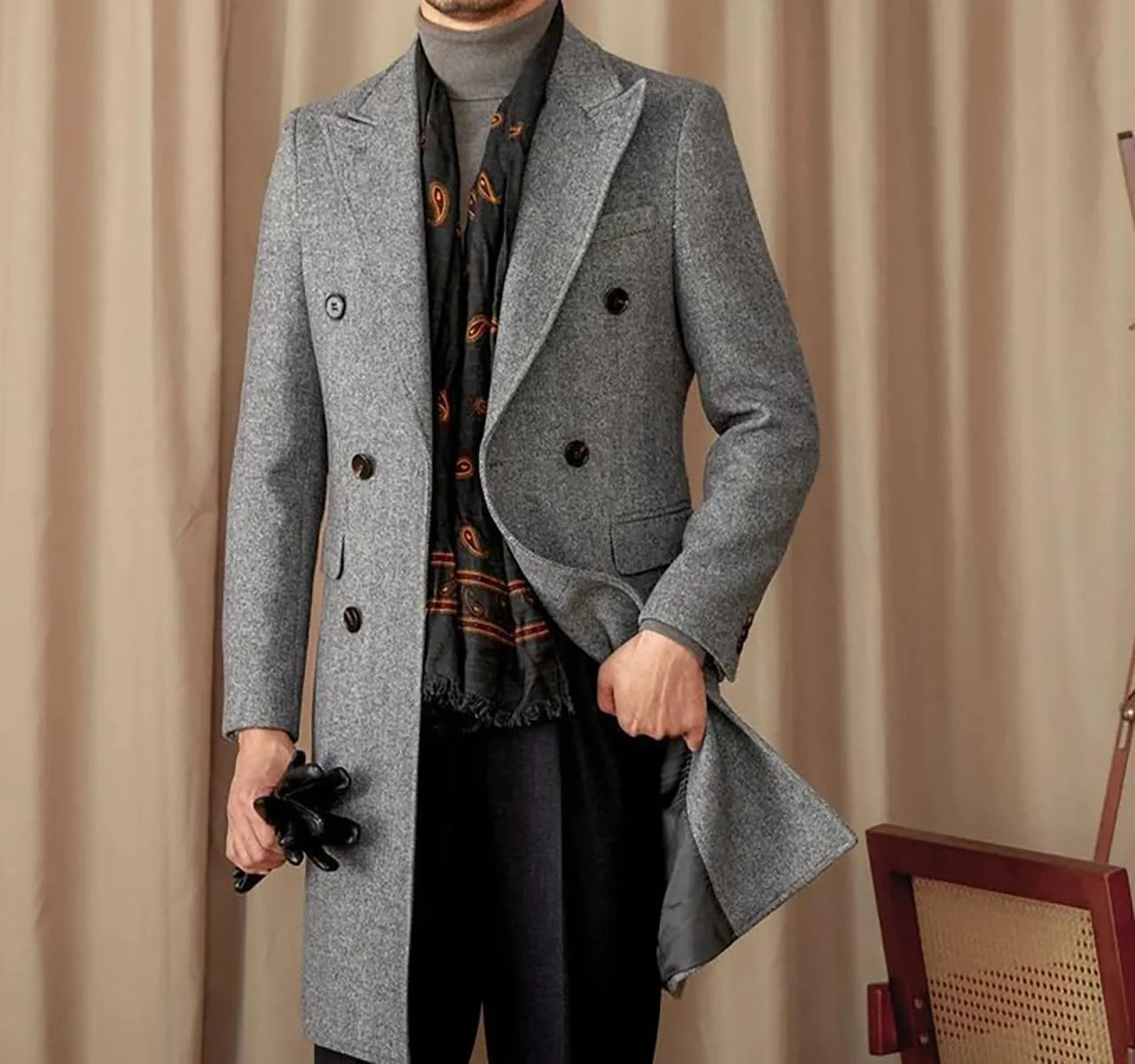 Wangyue Double Breasted Trench Coat Men Winter Tweed Herringbone Overcoat Men Long Coat Jacket Casual Coats for Men