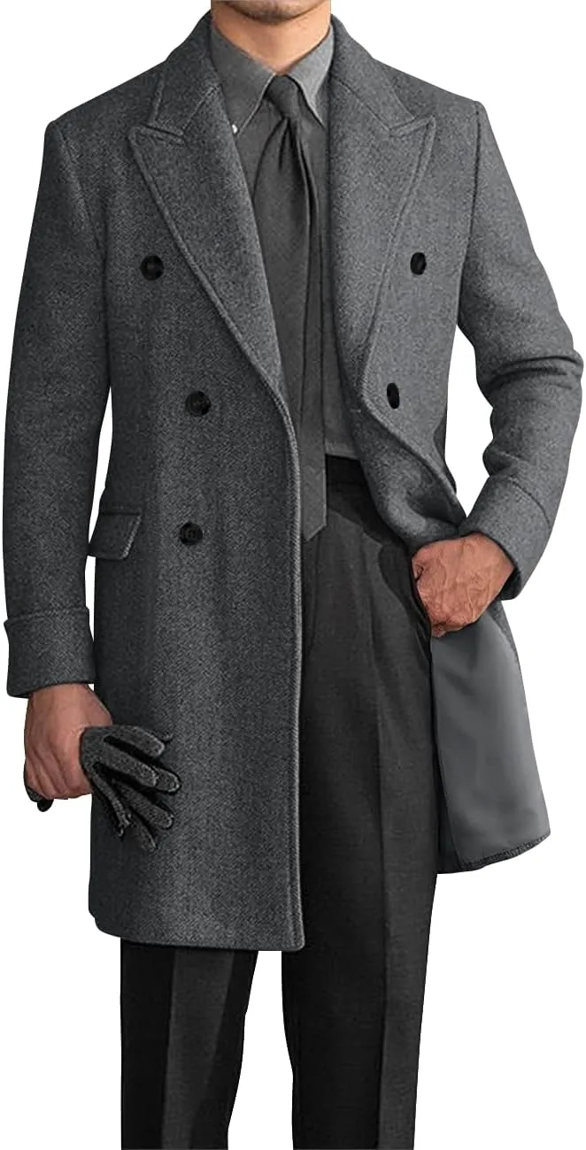 Wangyue Double Breasted Trench Coat Men Winter Tweed Herringbone Overcoat Men Long Coat Jacket Casual Coats for Men