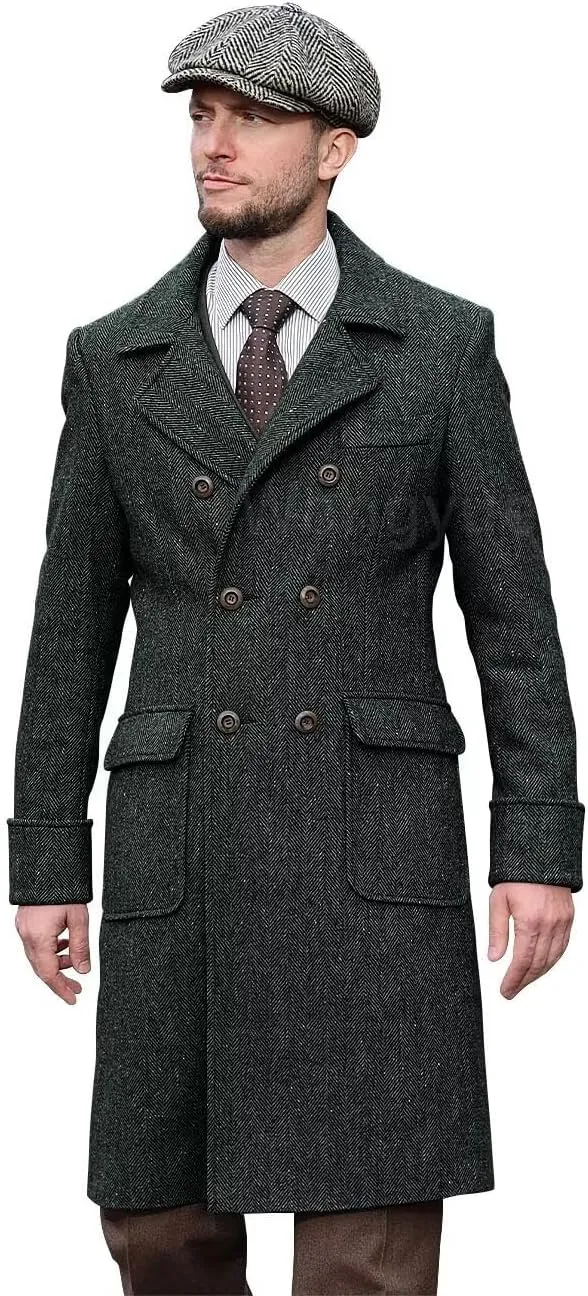 Wangyue Tweed Trench Coat Men Double Breasted Pea Coats Notch Collar Herringbone Tweed Overcoats Slim Fit Winter Wedding
