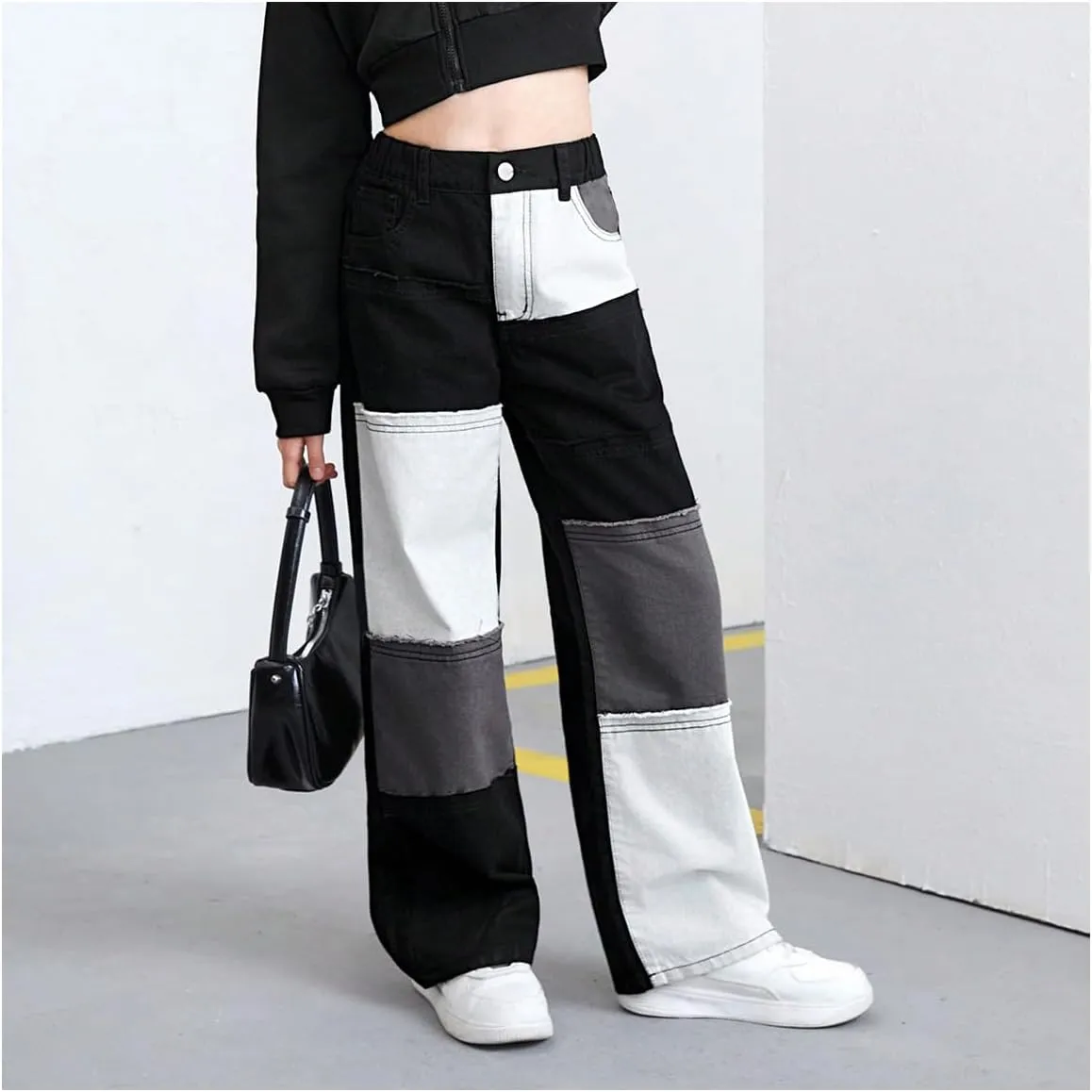WDIRARA Girl's Color Block Wide Leg Jeans Raw Trim Baggy Denim Pants High Waisted Trousers