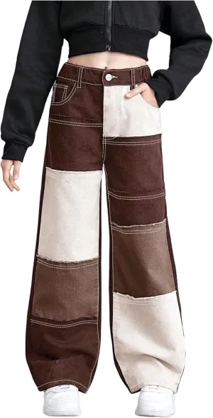 WDIRARA Girl's Color Block Wide Leg Jeans Raw Trim Baggy Denim Pants High Waisted Trousers
